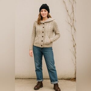 Vintage British Aston Wool Blend Tan Wood Button Up Cardigan Oatmeal Color Sz M